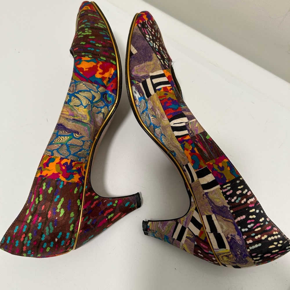 Sesto Meucci Artsy Silk Heels Brown Green Multi Size 8 N Narrow - Picture 5 of 13